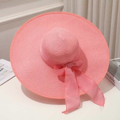 Brim Beach Visor Ribbon Summer Straw Fashion Hat - Pink