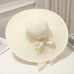 Brim Beach Visor Ribbon Summer Straw Fashion Hat - White