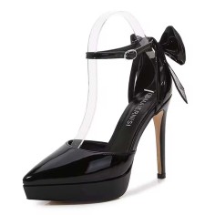 Pointed Toe Stiletto Heels Ankle Buckle Straps Bowknot Decorated Low Platforms Pumps - Black Patent