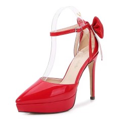 Pointed Toe Stiletto Heels Ankle Buckle Straps Bowknot Decorated Low Platforms Pumps - Red Patent