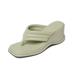 Peep Square Toe Platforms Wedges Flip Flops Sandals - Green