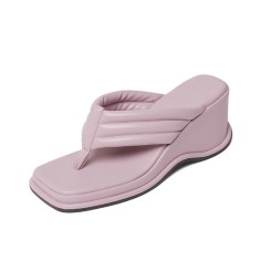 Peep Square Toe Platforms Wedges Flip Flops Sandals - Light Purple