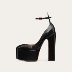 Round Toe Chunky Heels Platforms Ankle Straps Pumps - Black