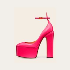 Round Toe Chunky Heels Platforms Ankle Straps Pumps - Rose Red