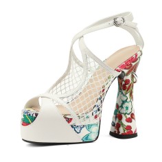 Peep Toe Chunky Heels Summer Net Floral Pattern Platforms Ankle Buckle Straps Pumps - White