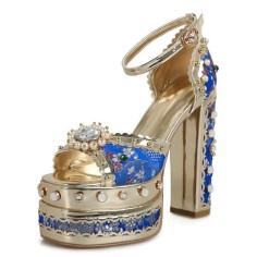 Peep Toe Ethnic Floral Pearl with Rhinestones Chunky Heels Ankle Buckle Straps Platforms Pumps - Blue