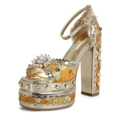 Peep Toe Ethnic Floral Pearl with Rhinestones Chunky Heels Ankle Buckle Straps Platforms Pumps - Yellow