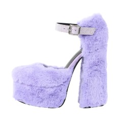 Peep Toe Plush Rhinestones Chunky Heels Cute Mary Janes Pumps - Purple