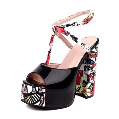 Peep Toe Ankle T Straps Graffiti Prints Chunky Heels Platforms Sandals - Black Patent