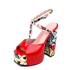 Peep Toe Ankle T Straps Graffiti Prints Chunky Heels Platforms Sandals - Red Patent