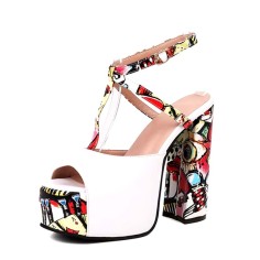 Peep Toe Ankle T Straps Graffiti Prints Chunky Heels Platforms Sandals - White Patent