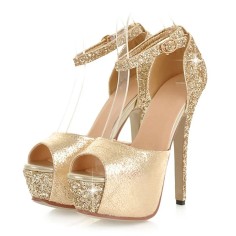 Peep Toe Glitters Stiletto Heels Platforms Ankle Buckle Straps Pumps - Gold