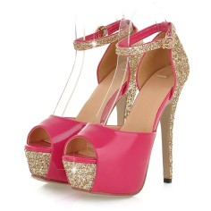 Peep Toe Glitters Stiletto Heels Platforms Ankle Buckle Straps Pumps - Rose Red