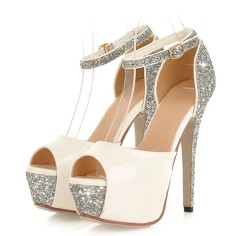 Peep Toe Glitters Stiletto Heels Platforms Ankle Buckle Straps Pumps - White
