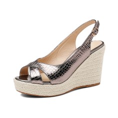 Peep Toe Platforms Backstraps Crocodile Pattern Wedges Sandals - Gun Pink