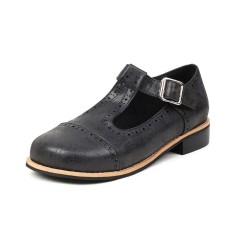Vintage Rustic Round Toe T Strap Creepers Loafer Oxford Shoes - Black