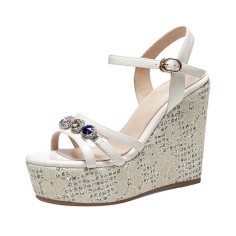 Peep Toe Platforms Ankle Buckle Straps Rhinestones Wedges Sandals - Beige