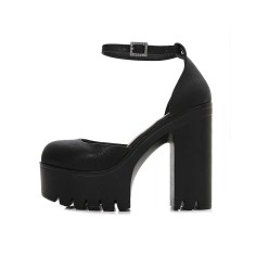 Round Toe Chunky Heels Ankle Buckle Straps Platforms Dorsay Sandals - Black