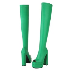 Peep Toe Side Zipper Chunky Heels Platforms Over The Knees Boots - Green