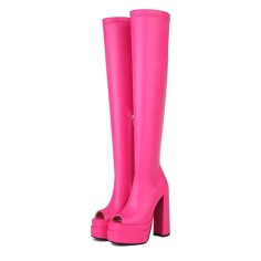 Peep Toe Side Zipper Chunky Heels Platforms Over The Knees Boots - Rose Red