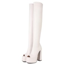 Peep Toe Side Zipper Chunky Heels Platforms Over The Knees Boots - White
