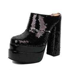 Round Toe Chunky Heels Platforms Sequins Blings Sandals - Black