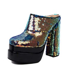 Round Toe Chunky Heels Platforms Sequins Blings Sandals - Gold
