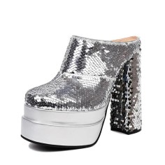 Round Toe Chunky Heels Platforms Sequins Blings Sandals - Silver
