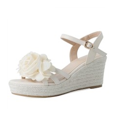 Peep Toe Platforms Ankle Buckle Straps Rose Decorated Wedding Wedges Sandals - Beige