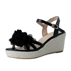 Peep Toe Platforms Ankle Buckle Straps Rose Decorated Wedges Sandals - Black