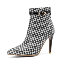 Pointed Toe Houndstooth Pattern Ankle Fashion Straps Ankle High Stiletto Heels Back Zipper Booties - Black