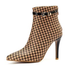 Pointed Toe Houndstooth Pattern Ankle Fashion Straps Ankle High Stiletto Heels Back Zipper Booties - Brown