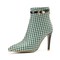 Pointed Toe Houndstooth Pattern Ankle Fashion Straps Ankle High Stiletto Heels Back Zipper Booties - Green