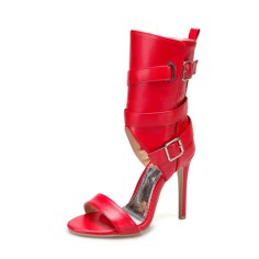 Peep Toe Ankle Decorated Straps Side Zipper Stiletto Heels Summer Spring Booties Sandals - Red