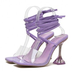Peep Toe Gladiator Straps Lace Up Transparent Chunky Spike Heels Sandals - Purple