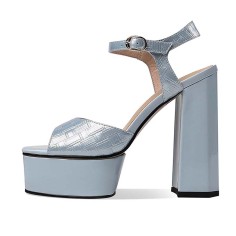 Square Open Toe Platforms Ankle Buckle Straps Chunky Heels Sandals - Blue Leather