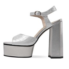 Square Open Toe Platforms Ankle Buckle Straps Chunky Heels Sandals - Silver Leather