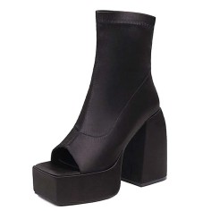 Square Open Toe Chunky Heels Back Zipper Ankle Highs Platforms Spring Summer Boots - Black Lycra