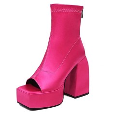 Square Open Toe Chunky Heels Back Zipper Ankle Highs Platforms Spring Summer Boots - Rose Lycra