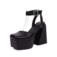 Square Toe Ankle Rhinestones Buckle Straps Chunky Heels Platforms Pumps - Black Faux Leather