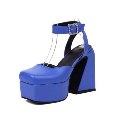 Square Toe Ankle Rhinestones Buckle Straps Chunky Heels Platforms Pumps - Blue Faux Leather