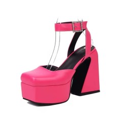 Square Toe Ankle Rhinestones Buckle Straps Chunky Heels Platforms Pumps - Rose Faux Leather