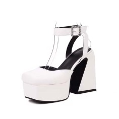 Square Toe Ankle Rhinestones Buckle Straps Chunky Heels Platforms Pumps - White Faux Leather