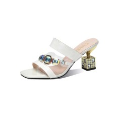 Peep Toe Rhinestones Crocodile Embossed Strange Cube Heels Sandals - White