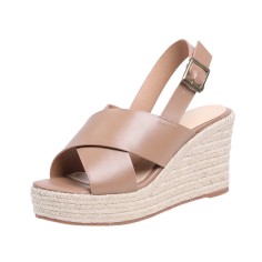 Peep Toe Platforms Back Buckle Straps Summer Wedges Sandals - Brown