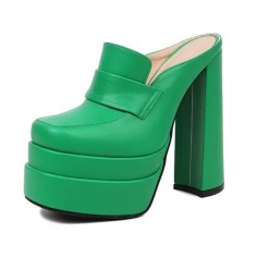 Round Toe Chunky Heels Platforms Matte Loafers Shaped Sandals - Green