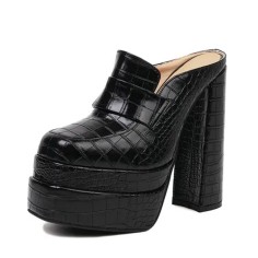 Round Toe Chunky Heels Platforms Crocodile Pattern Loafers Shaped Sandals - Black