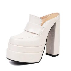 Round Toe Chunky Heels Platforms Crocodile Pattern Loafers Shaped Sandals - Ivory