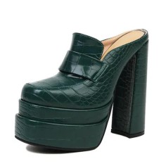 Round Toe Chunky Heels Platforms Crocodile Pattern Loafers Shaped Sandals - Olive