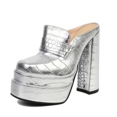 Round Toe Chunky Heels Platforms Crocodile Pattern Loafers Shaped Sandals - Silver